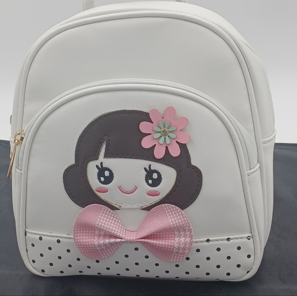 White Mini Backpack For girl wearing Pink Bow and Flower - Picture 2 of 8